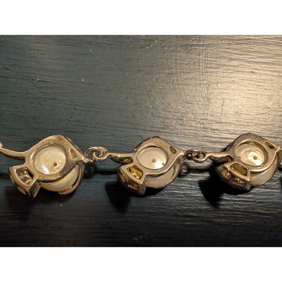 Marked 18K GP Silver Tone Faux Mabe Pearl CZ Hook Clasp 7.5"-8.5" Bracelet - Picture 7 of 10